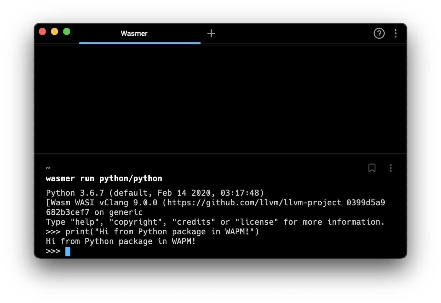 The wasmer CLI running python in the Warp terminal